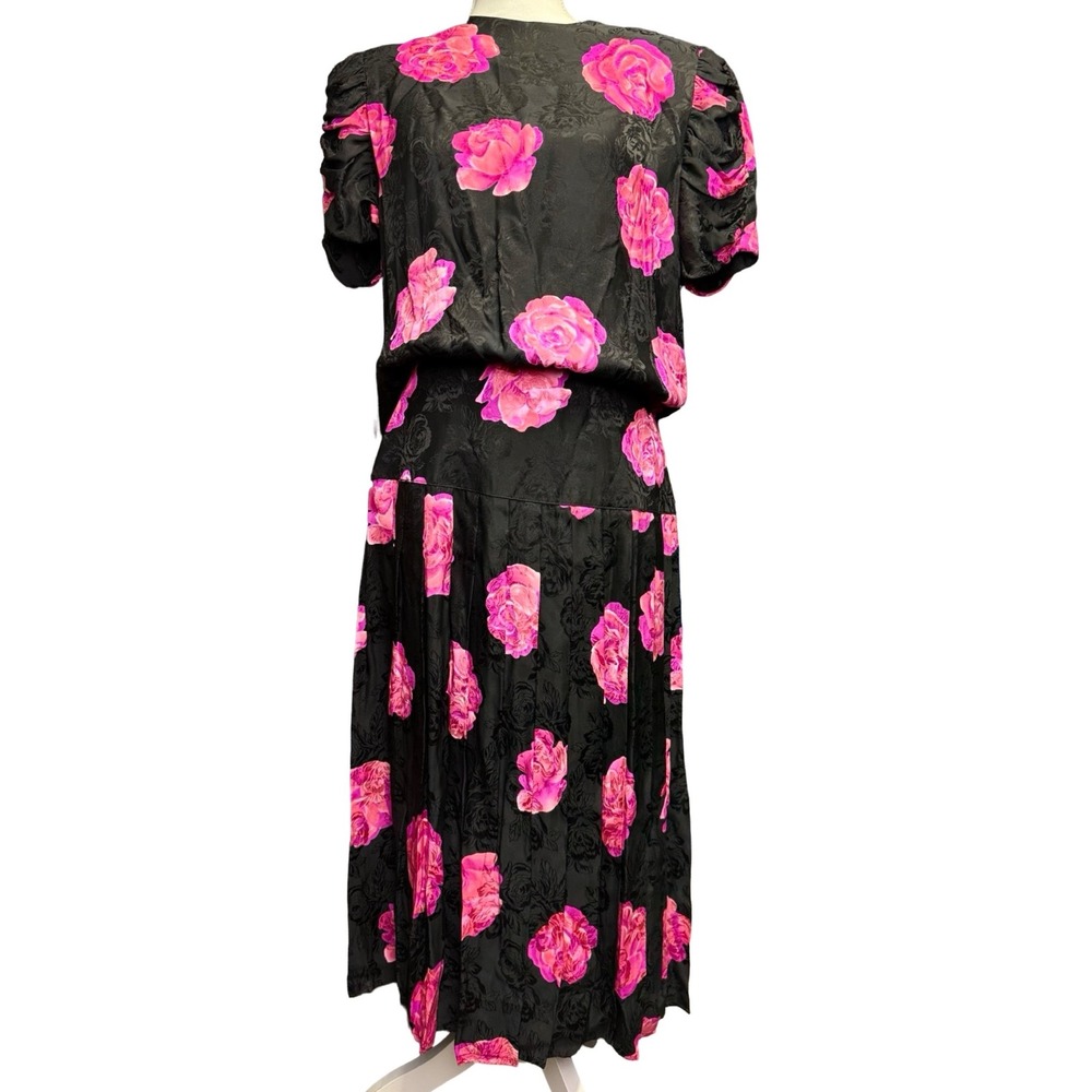 Vintage Silk Floral Dress Black Pink Roses Puff Sleeve Midi Womens 12